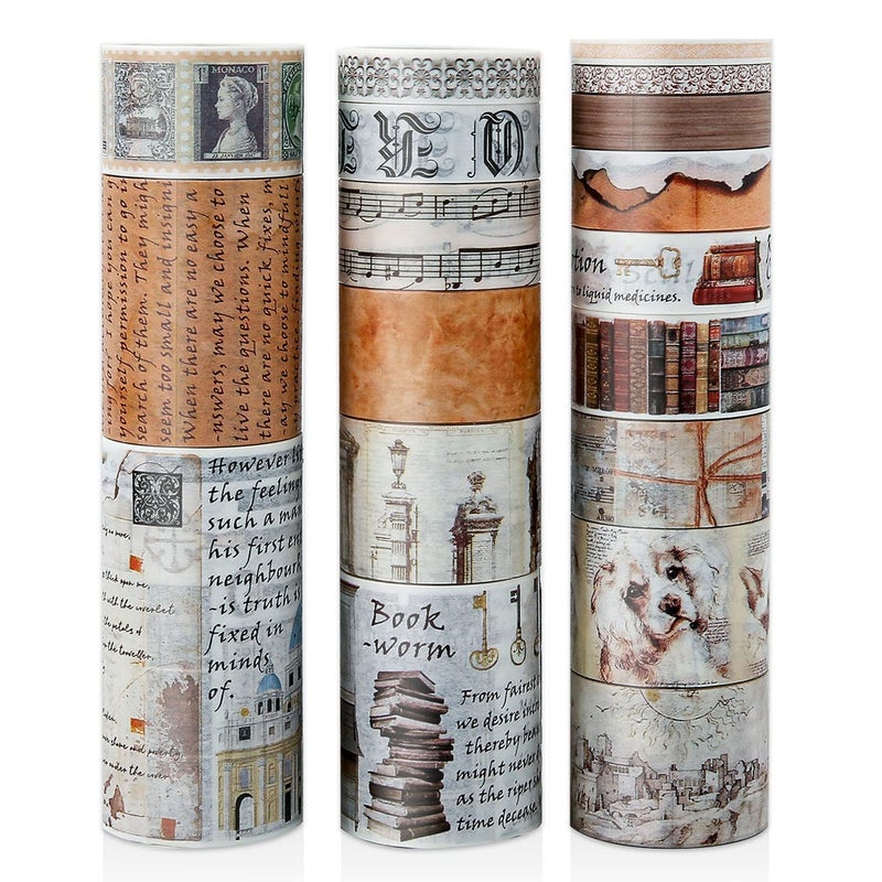 emmoolife 18 Rolls Vintage Washi Tape Set, Castle Stamp Music Retro Masking Tape 5/10/15/20/25/30/50/75mm Wide 6.56ft Long Decorative Scrapbook Tape for journaling, Scrapbooking Supplies, Junk Journal Craft - Image 1